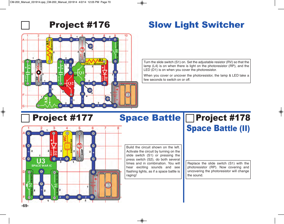 Project #177 space battle, Project #178 space ba, Project #176 slow light switcher | Ttle (ii) | Elenco Circuit Maker Sound Plus 200 User Manual | Page 70 / 80