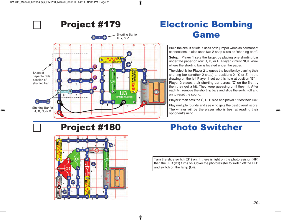 Electronic bombing game, Photo switcher | Elenco Circuit Maker Sound Plus 200 User Manual | Page 71 / 80