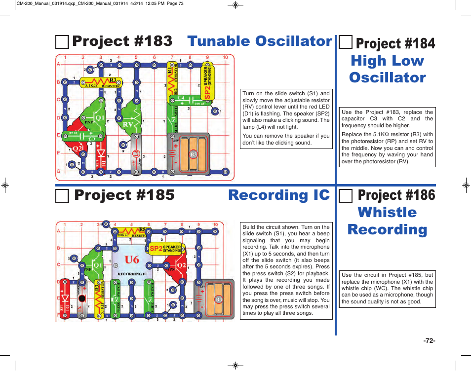 Project #183 tunable oscillator, Project #186 whistle recording | Elenco Circuit Maker Sound Plus 200 User Manual | Page 73 / 80