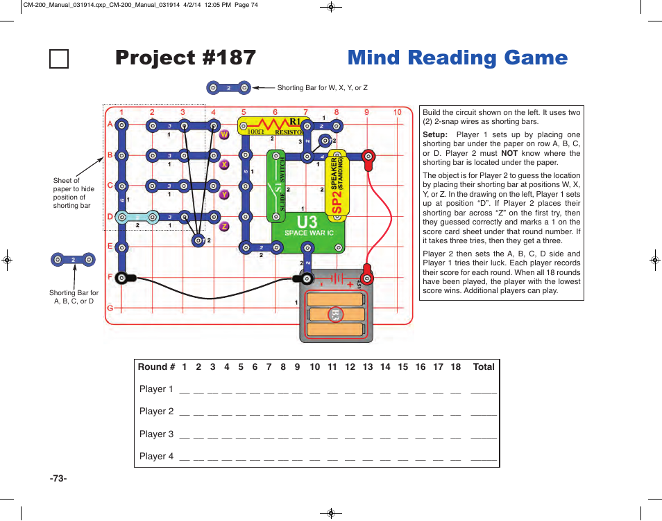 Project #187, Mind reading game | Elenco Circuit Maker Sound Plus 200 User Manual | Page 74 / 80