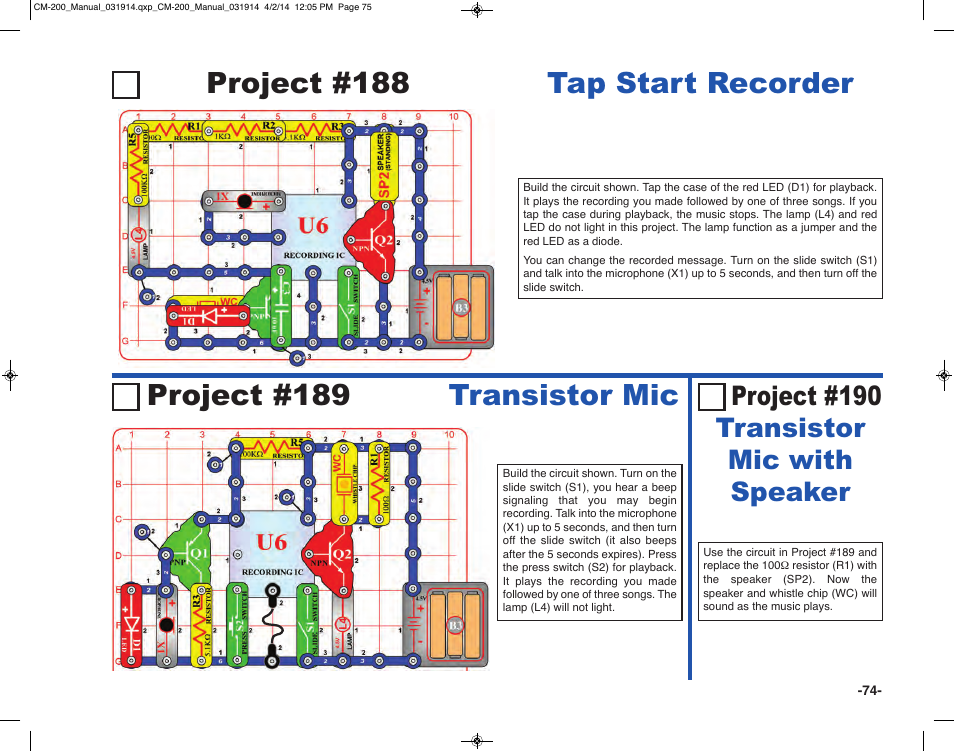 Project #188 tap start recorder, Project #189 transistor mic, Project #190 transistor mic with speaker | Elenco Circuit Maker Sound Plus 200 User Manual | Page 75 / 80