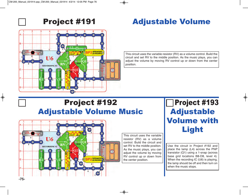 Project #191, Project #193 adjustable volume with light | Elenco Circuit Maker Sound Plus 200 User Manual | Page 76 / 80