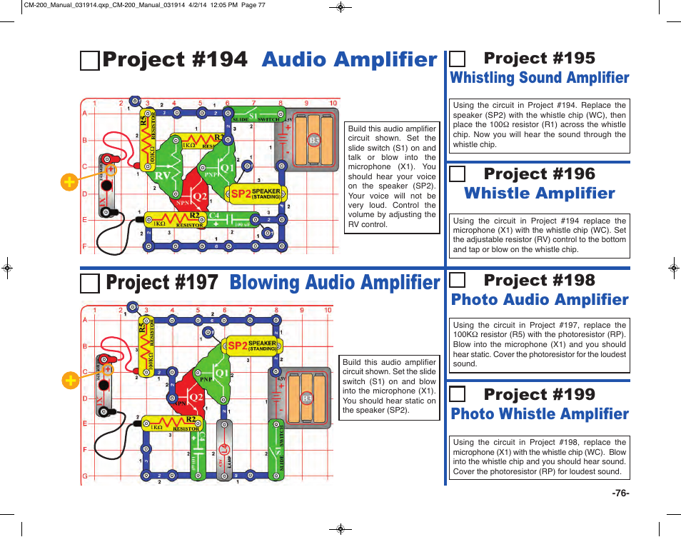 Project #194 audio amplifier, Project #197 blowing audio amplifier, Project #195 whistling sound amplifier | Project #196 whistle amplifier, Project #198 photo audio amplifier, Project #199 photo whistle amplifier | Elenco Circuit Maker Sound Plus 200 User Manual | Page 77 / 80