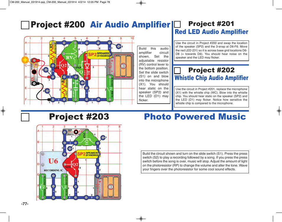 Project #200 air audio amplifier, Project #203, Photo powered music | Project #201 red led audio amplifier, Project #202 whistle chip audio amplifier | Elenco Circuit Maker Sound Plus 200 User Manual | Page 78 / 80