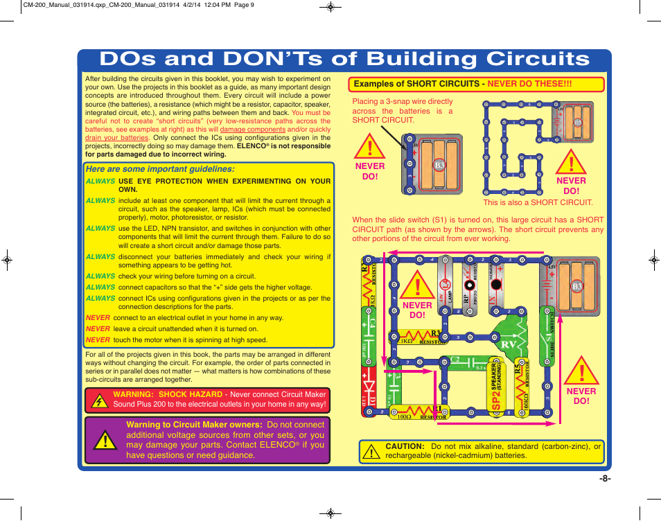 Dos and don’ts of building circuits | Elenco Circuit Maker Sound Plus 200 User Manual | Page 9 / 80