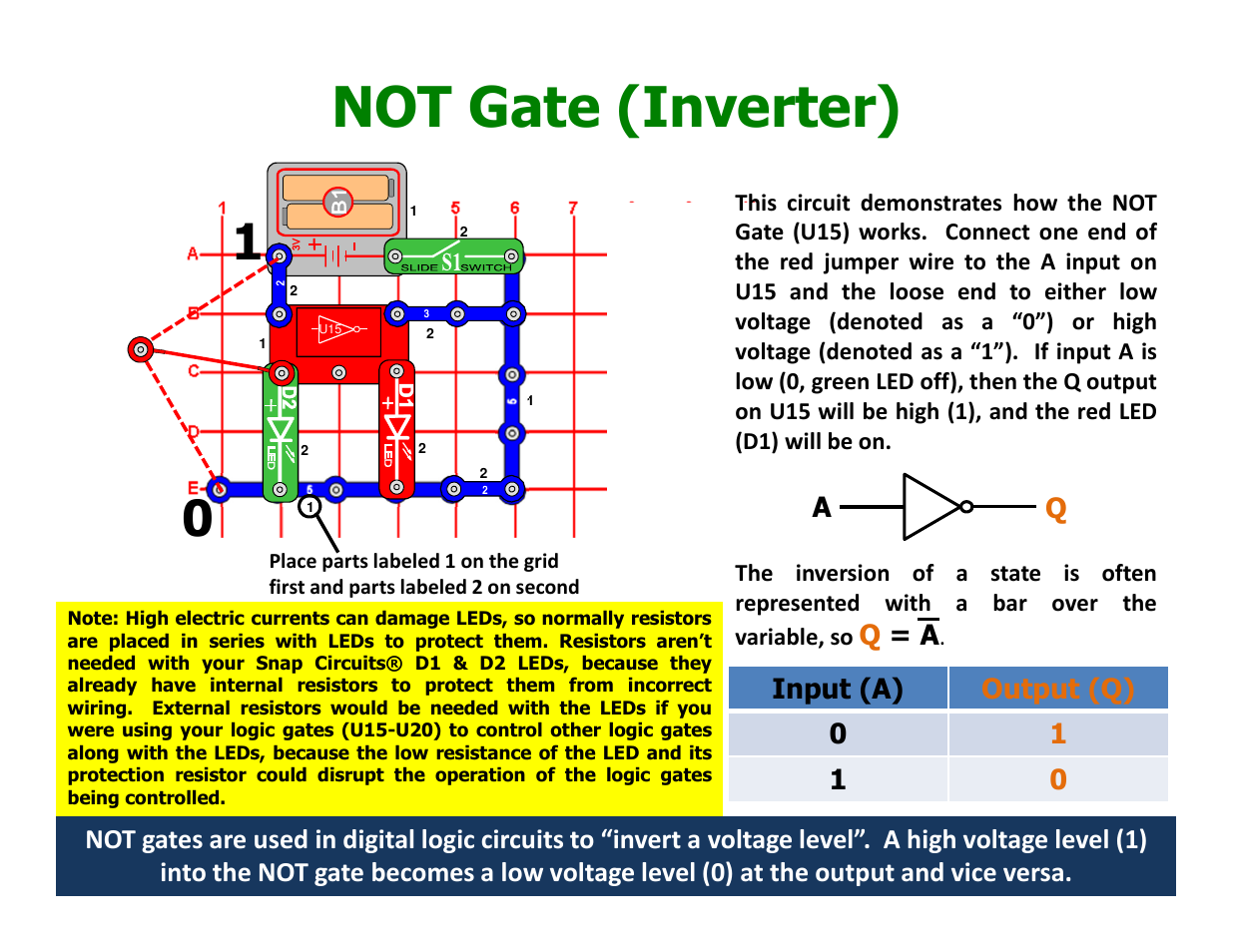 Not gate (inverter) | Elenco Understanding Logic Gates User Manual | Page 8 / 16