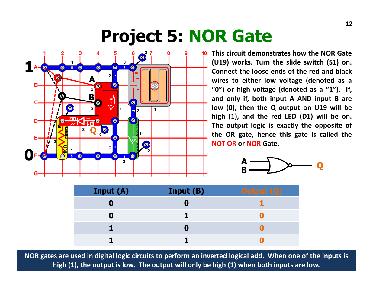 Project 5: nor gate, Aq b, Ab q | Elenco Understanding Logic Gates and Circuits User Manual | Page 12 / 42