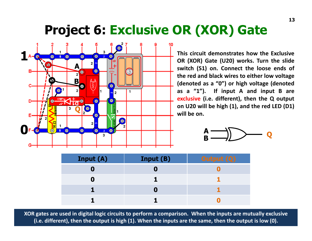 Project 6: exclusive or (xor) gate, Aq b, Ab q | Elenco Understanding Logic Gates and Circuits User Manual | Page 13 / 42