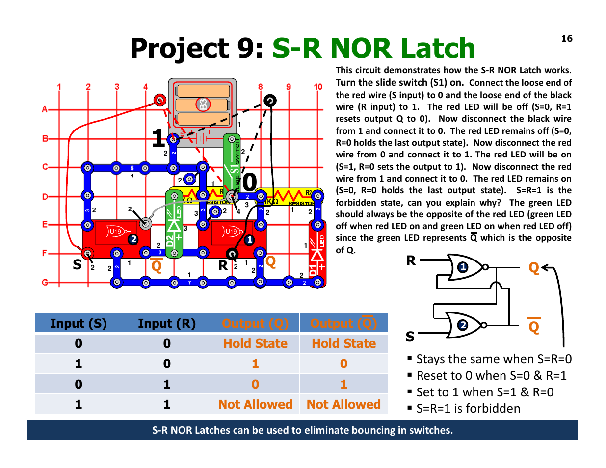 Project 9: s-r nor latch | Elenco Understanding Logic Gates and Circuits User Manual | Page 16 / 42