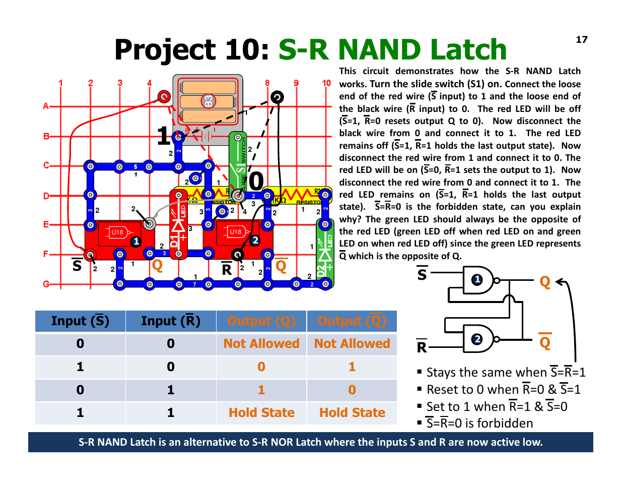 Project 10: s-r nand latch | Elenco Understanding Logic Gates and Circuits User Manual | Page 17 / 42