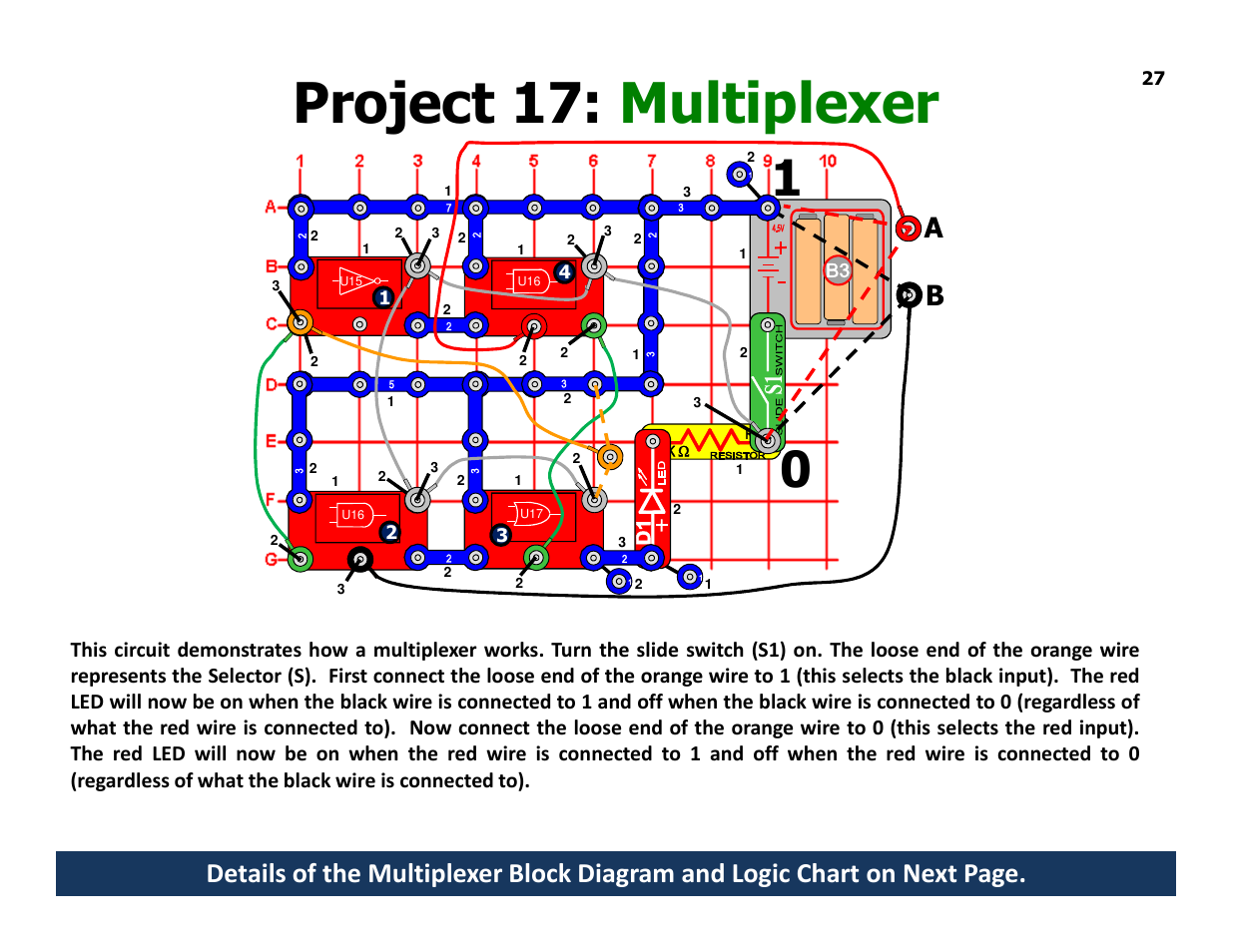 Project 17: multiplexer | Elenco Understanding Logic Gates and Circuits User Manual | Page 27 / 42