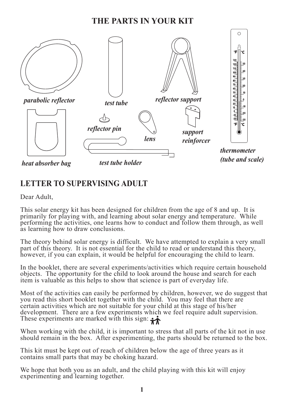 The parts in your kit, Letter to supervising adult | Elenco Solar Energy User Manual | Page 2 / 16