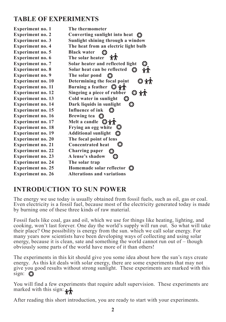 Table of experiments, Introduction to sun power | Elenco Solar Energy User Manual | Page 3 / 16
