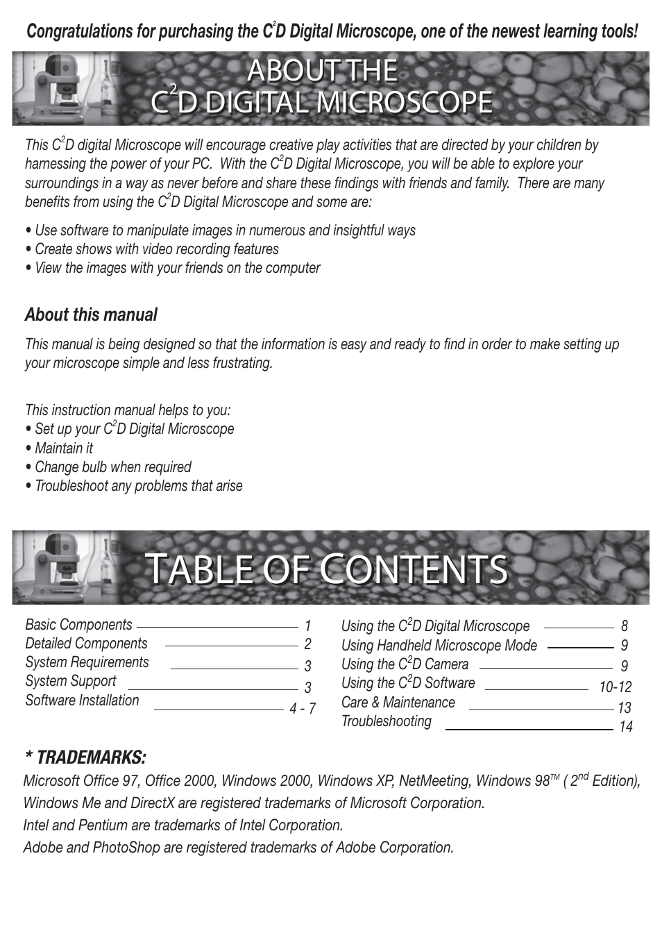 Able of, Ontents, About the c | D digital microscope about the c, D digital microscope | Elenco C2D Scope User Manual | Page 2 / 16