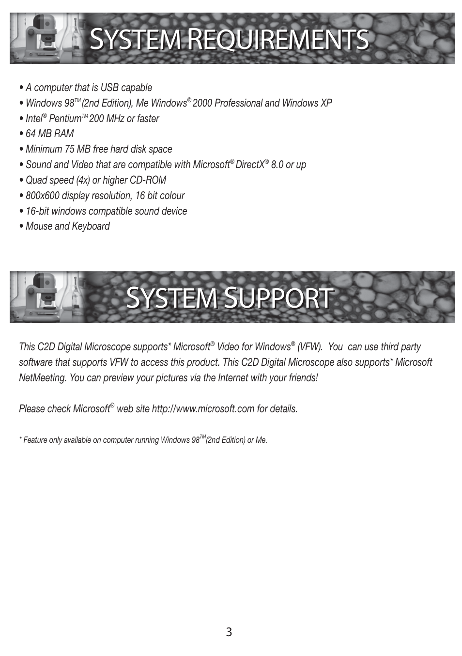 Ystem, Equirements, Upport | Elenco C2D Scope User Manual | Page 5 / 16