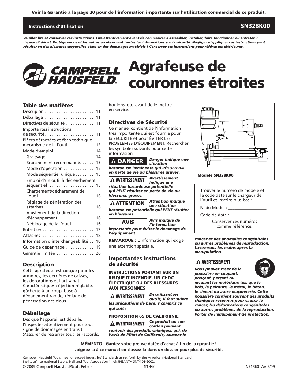 Agrafeuse de couronnes étroites | Campbell Hausfeld IN715601AV User Manual | Page 11 / 32