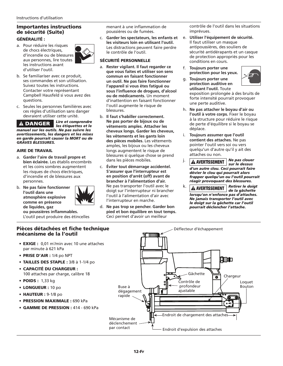 Importantes instructions de sécurité (suite) | Campbell Hausfeld IN715601AV User Manual | Page 12 / 32