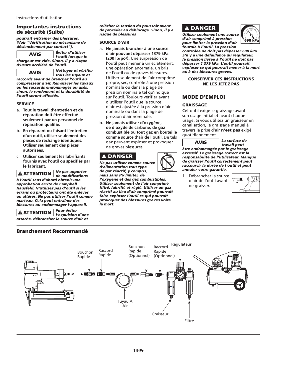 Mode d’emploi, Branchement recommandé, Importantes instructions de sécurité (suite) | Campbell Hausfeld IN715601AV User Manual | Page 14 / 32