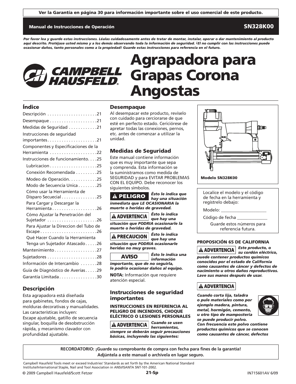 Agrapadora para grapas corona angostas | Campbell Hausfeld IN715601AV User Manual | Page 21 / 32