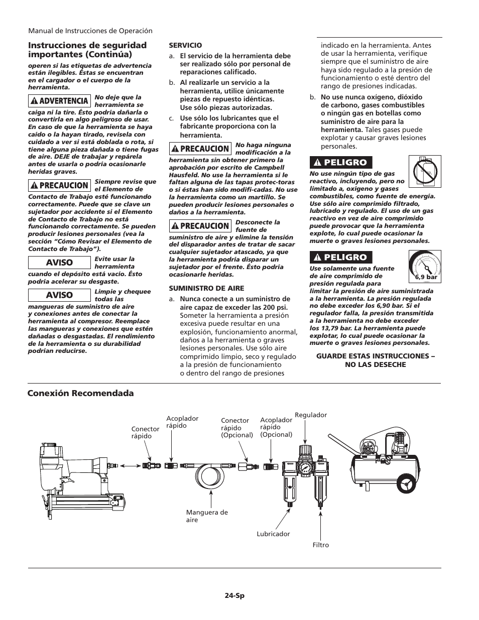 Conexión recomendada, Instrucciones de seguridad importantes (continúa) | Campbell Hausfeld IN715601AV User Manual | Page 24 / 32