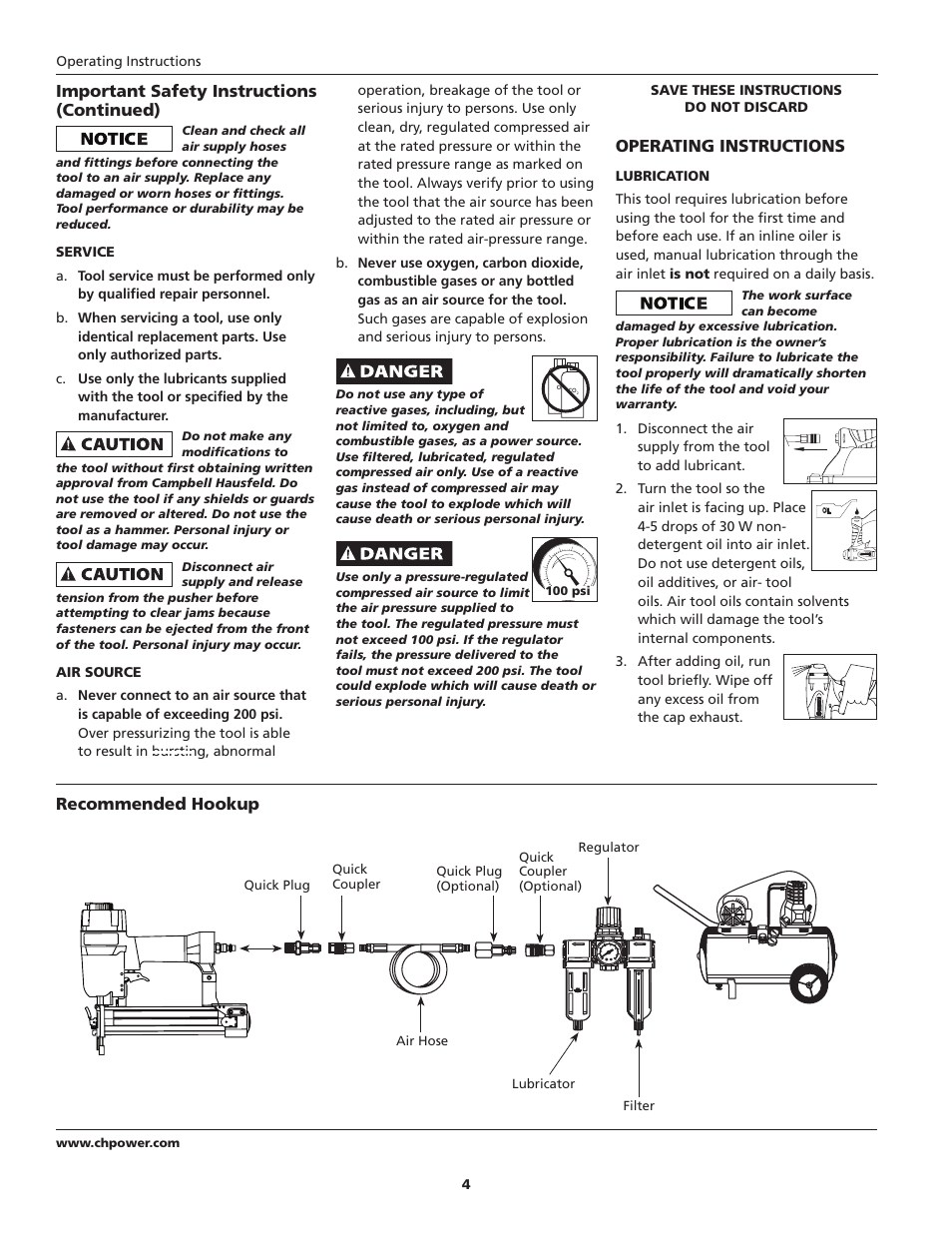 Important safety instructions (continued), Operating instructions, Recommended hookup | Campbell Hausfeld IN715601AV User Manual | Page 4 / 32