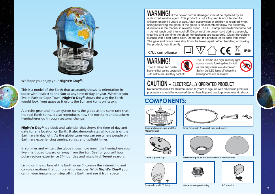 Warning, Warning! caution, Components | Electrically operated product | Elenco Night’n Day® User Manual | Page 2 / 10