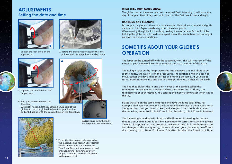 Some tips about your globe’s operation, Adjustments | Elenco Night’n Day® User Manual | Page 8 / 10