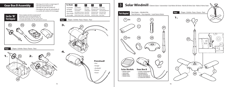 6l_el315_p15-16, Solar windmill, Gear box b assembly | Gear box “b” parts required, Parts required | Elenco 6-in-1 Solar Kit User Manual | Page 10 / 18