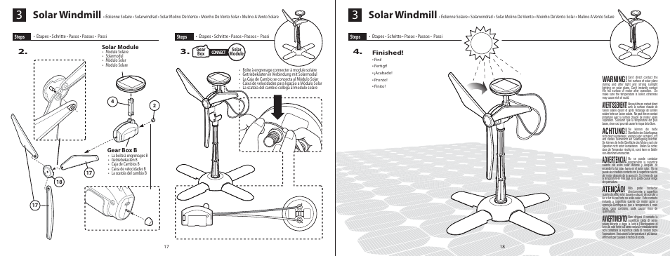 6l_el315_p17-18, Solar windmill, Warning | Avertissement, Achtung, Advertencia, Atenção, Avvertimento | Elenco 6-in-1 Solar Kit User Manual | Page 11 / 18