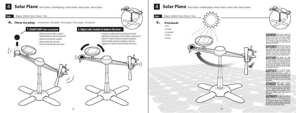 6l_el315_p21-22, Solar plane, Warning | Avertissement, Achtung, Advertencia, Atenção, Avvertimento, Insert coin, Adjust solar module to balance the lever | Elenco 6-in-1 Solar Kit User Manual | Page 13 / 18