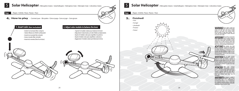 6l_el315_p25-26, Solar helicopter, Warning | Avertissement, Achtung, Advertencia, Atenção, Avvertimento, Insert coin, Adjust solar module to balance the lever | Elenco 6-in-1 Solar Kit User Manual | Page 15 / 18