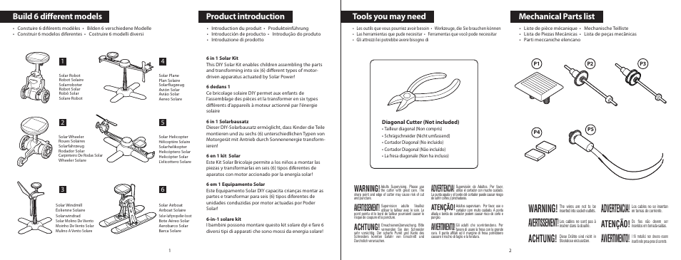 6l_el315_p01-2, Warning, Avertissement | Advertencia, Avvertimento, Achtung, Atenção, Build 6 different models, Product introduction, Tools you may need | Elenco 6-in-1 Solar Kit User Manual | Page 3 / 18