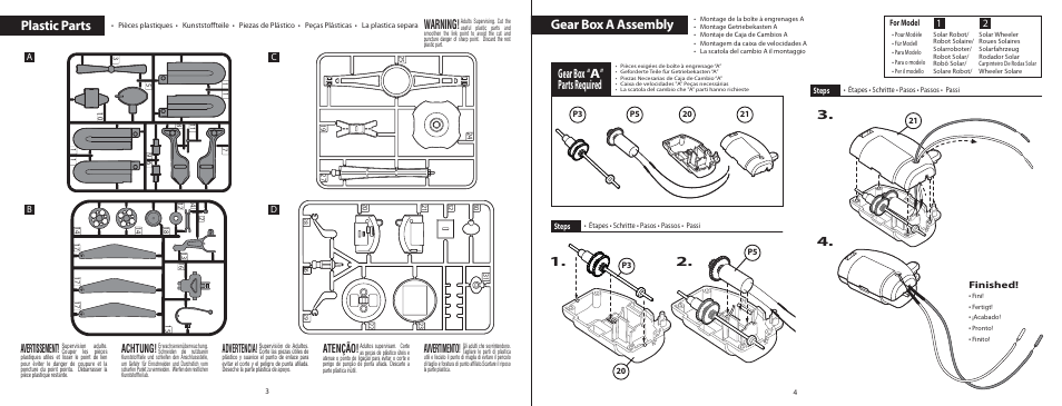 6l_el315_p03-4, Plastic parts, Gear box a assembly | Warning, Gear box “a” parts required, Avertissement, Achtung, Advertencia, Atenção, Avvertimento | Elenco 6-in-1 Solar Kit User Manual | Page 4 / 18
