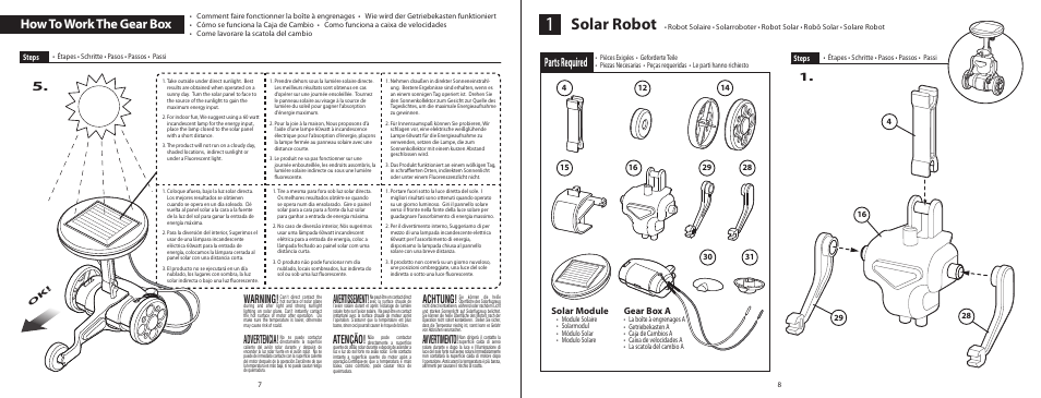 6l_el315_p07-8, Solar robot, How to work the gear box | Parts required, Warning, Avertissement, Achtung, Advertencia, Atenção, Avvertimento | Elenco 6-in-1 Solar Kit User Manual | Page 6 / 18