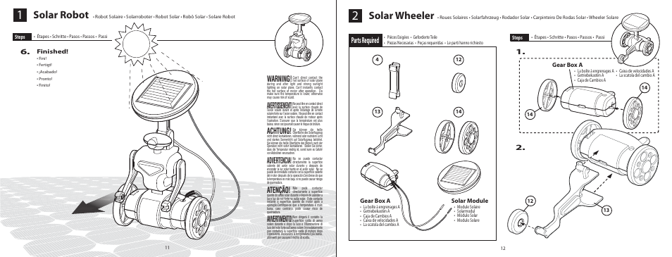 6l_el315_p11-12, Solar wheeler, Solar robot | Parts required, Warning, Avertissement, Achtung, Advertencia, Atenção, Avvertimento | Elenco 6-in-1 Solar Kit User Manual | Page 8 / 18