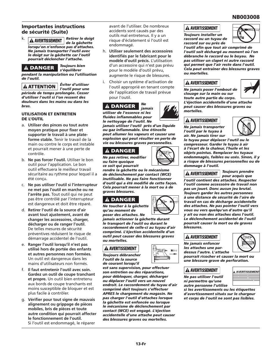 Importantes instructions de sécurité (suite) | Campbell Hausfeld NB003008 User Manual | Page 13 / 32