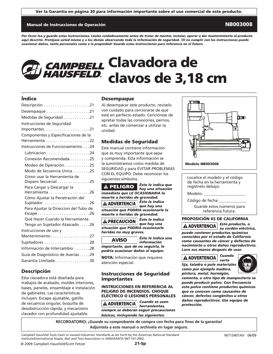 Clavadora de clavos de 3,18 cm | Campbell Hausfeld NB003008 User Manual | Page 21 / 32