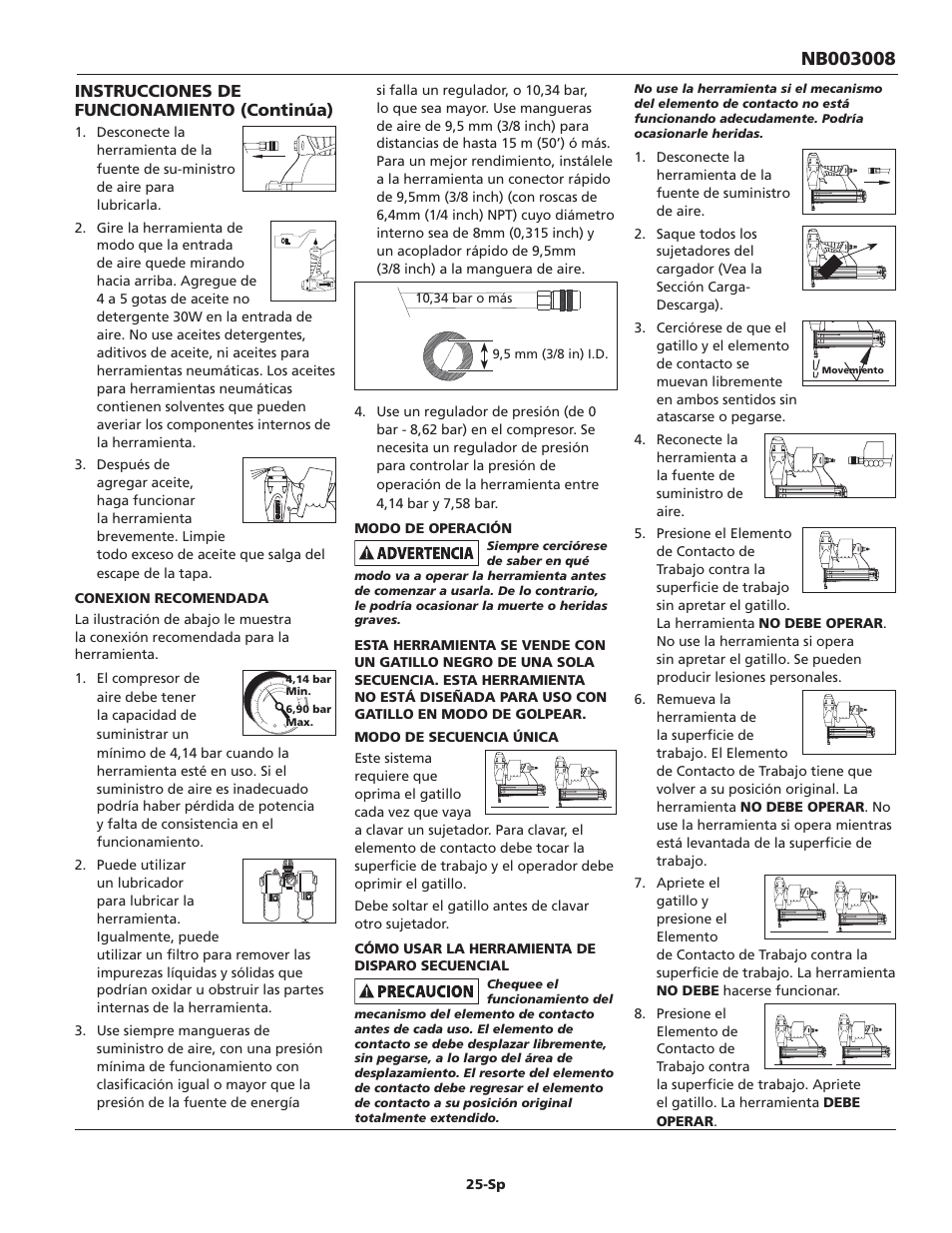 Instrucciones de funcionamiento (continúa) | Campbell Hausfeld NB003008 User Manual | Page 25 / 32