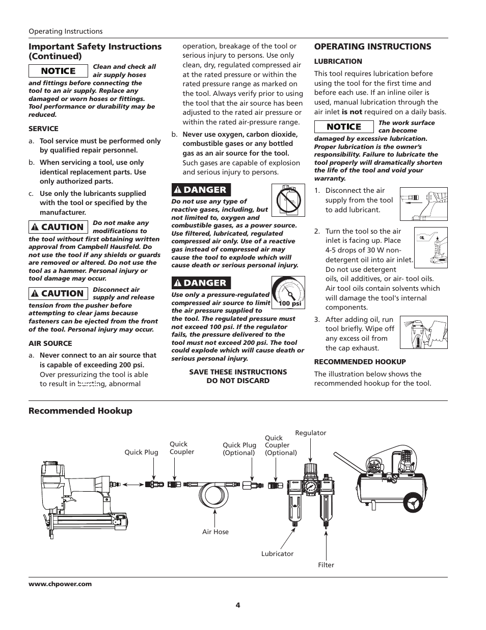 Important safety instructions (continued), Operating instructions, Recommended hookup | Campbell Hausfeld NB003008 User Manual | Page 4 / 32