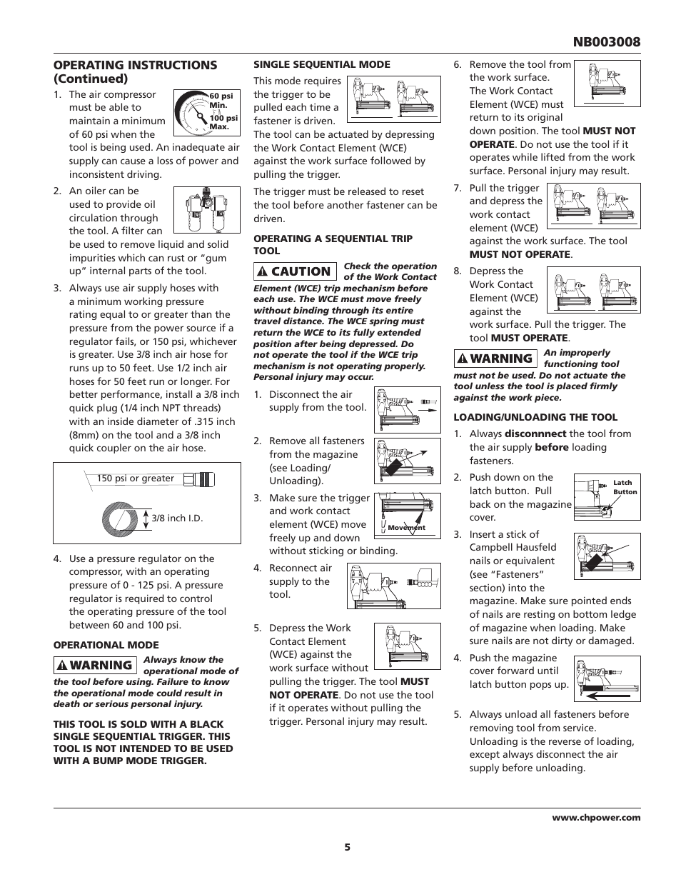 Operating instructions (continued) | Campbell Hausfeld NB003008 User Manual | Page 5 / 32