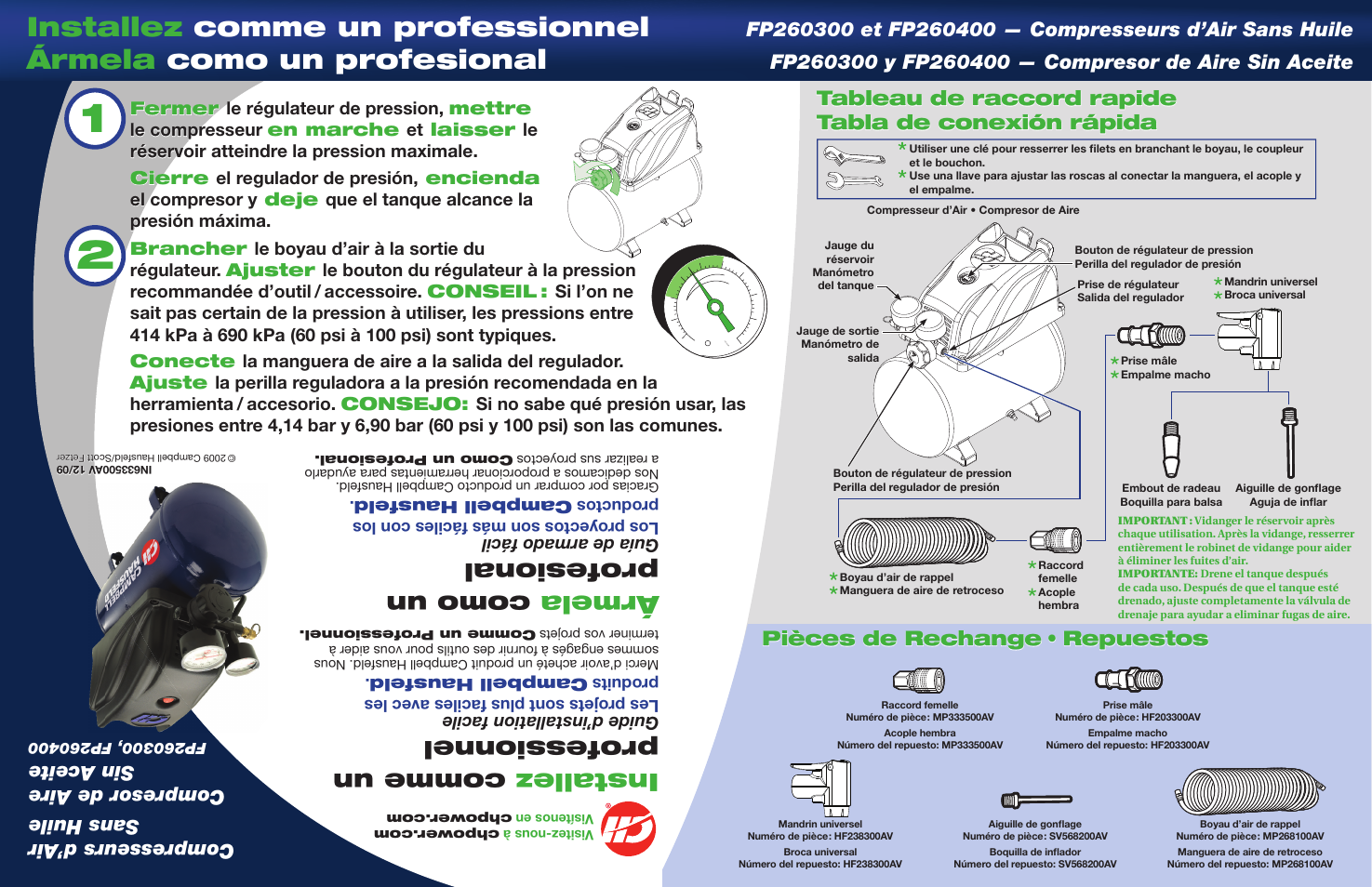 Installez comme un professionnel, Ármela como un profesional, Guide d’installation facile | Guía de armado fácil | Campbell Hausfeld IN633500AV User Manual | Page 2 / 2