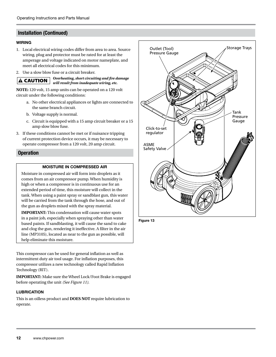 Wiring, Operation, Lubrication | Installation (continued) | Campbell Hausfeld WL6700 Series User Manual | Page 12 / 68
