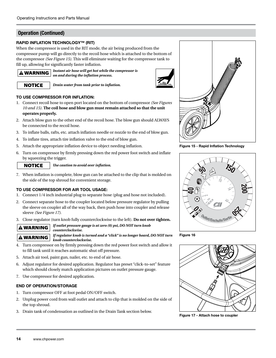 Rapid inflation technology™ (rit), To use compressor for inflation, To use compressor for air tool usage | End of operation/storage, Operation (continued) | Campbell Hausfeld WL6700 Series User Manual | Page 14 / 68