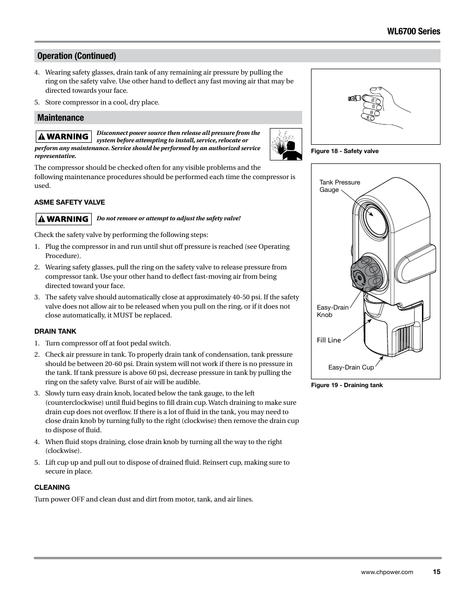 Maintenance, Asme safety valve, Drain tank | Cleaning, Wl6700 series, Operation (continued) | Campbell Hausfeld WL6700 Series User Manual | Page 15 / 68