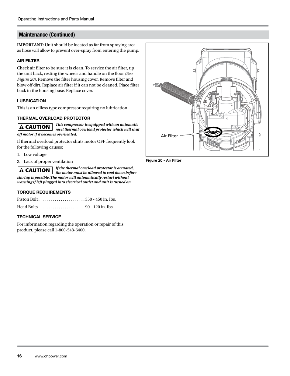 Air filter, Lubrication, Thermal overload protector | Torque requirements, Technical service, Maintenance (continued) | Campbell Hausfeld WL6700 Series User Manual | Page 16 / 68
