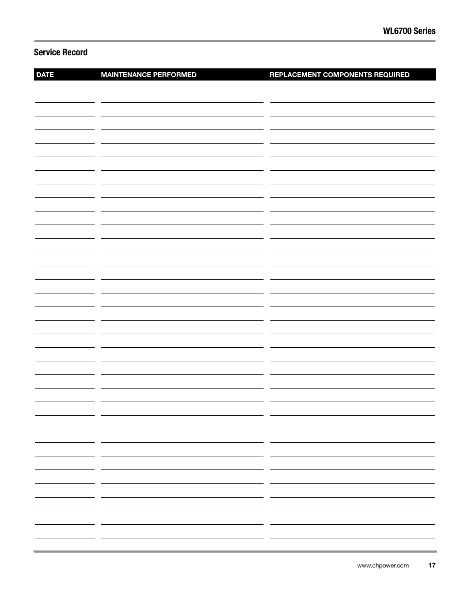 Service record | Campbell Hausfeld WL6700 Series User Manual | Page 17 / 68