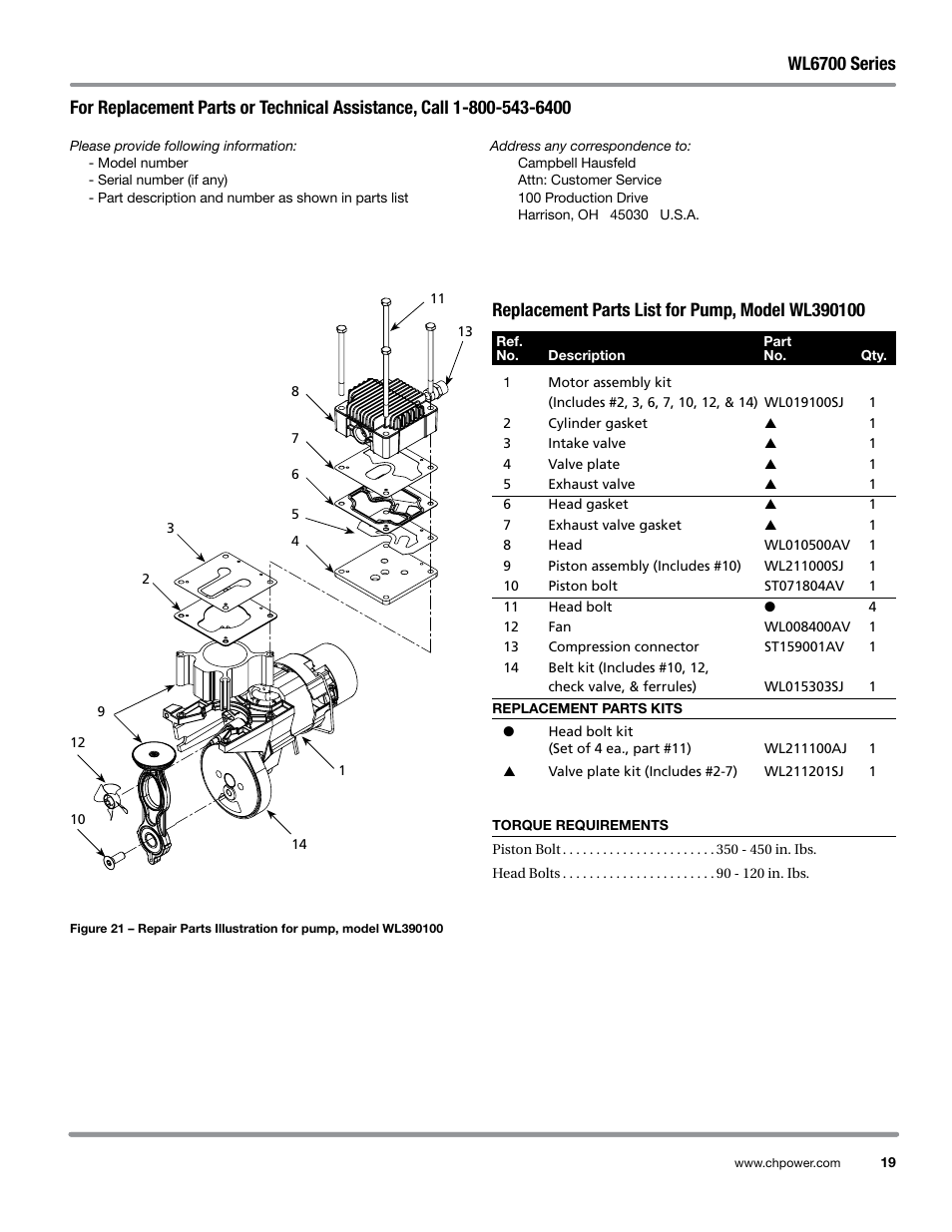 Replacement parts list for pump, model wl390100, Torque requirements, Wl6700 series | Campbell Hausfeld WL6700 Series User Manual | Page 19 / 68