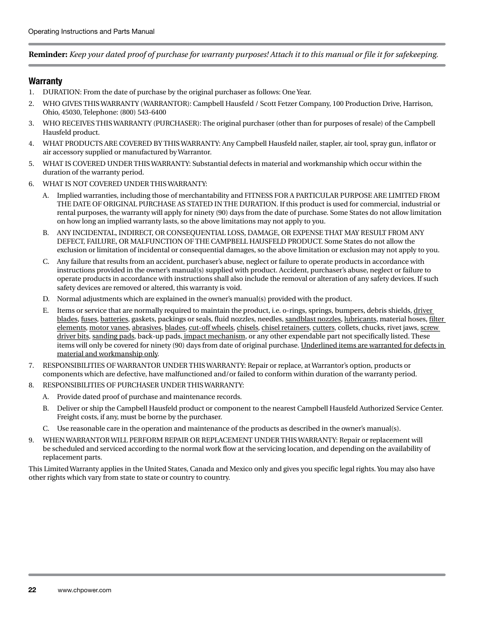 Warranty | Campbell Hausfeld WL6700 Series User Manual | Page 22 / 68