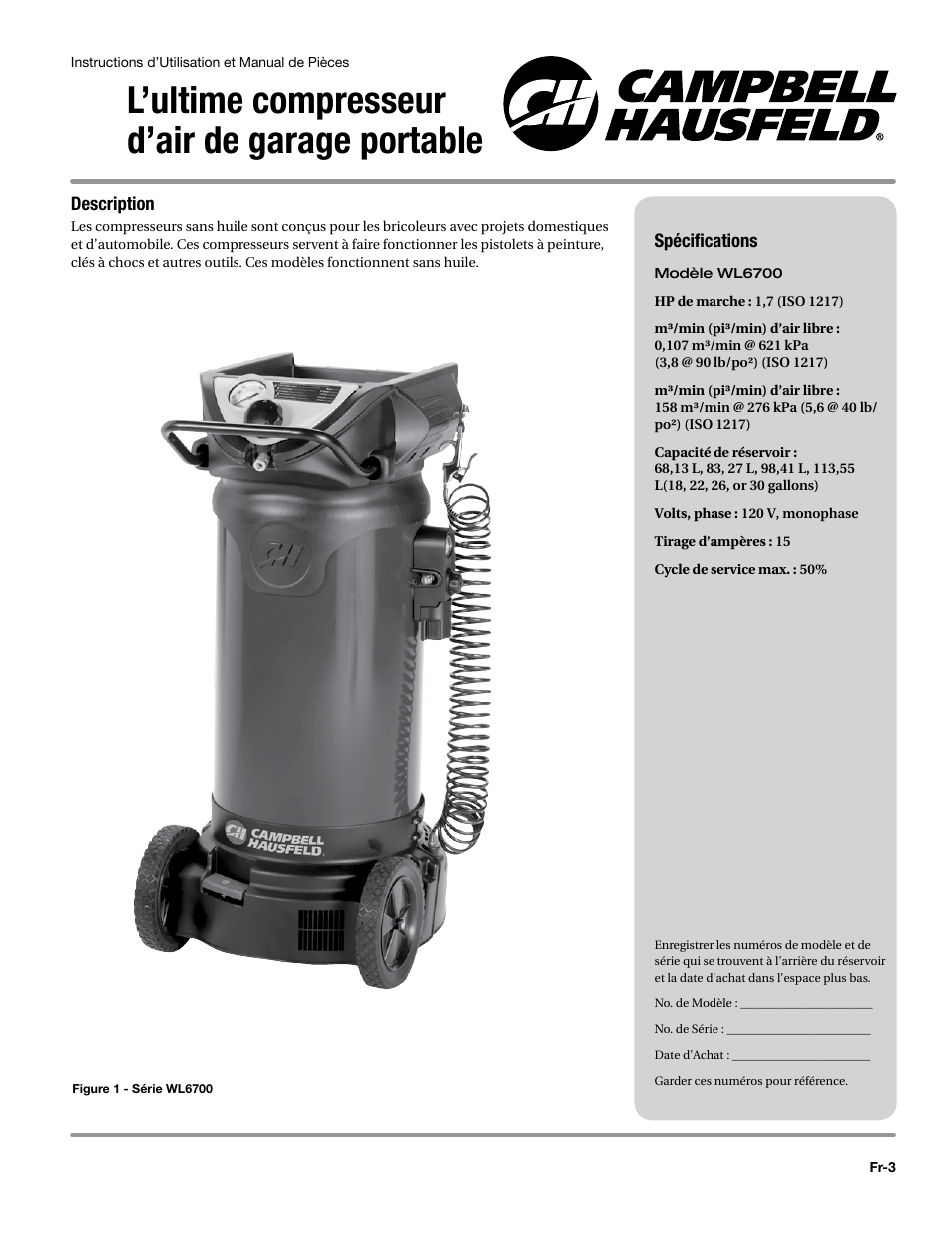 Description, Spécifications, L’ultime compresseur d’air de garage portable | Campbell Hausfeld WL6700 Series User Manual | Page 25 / 68