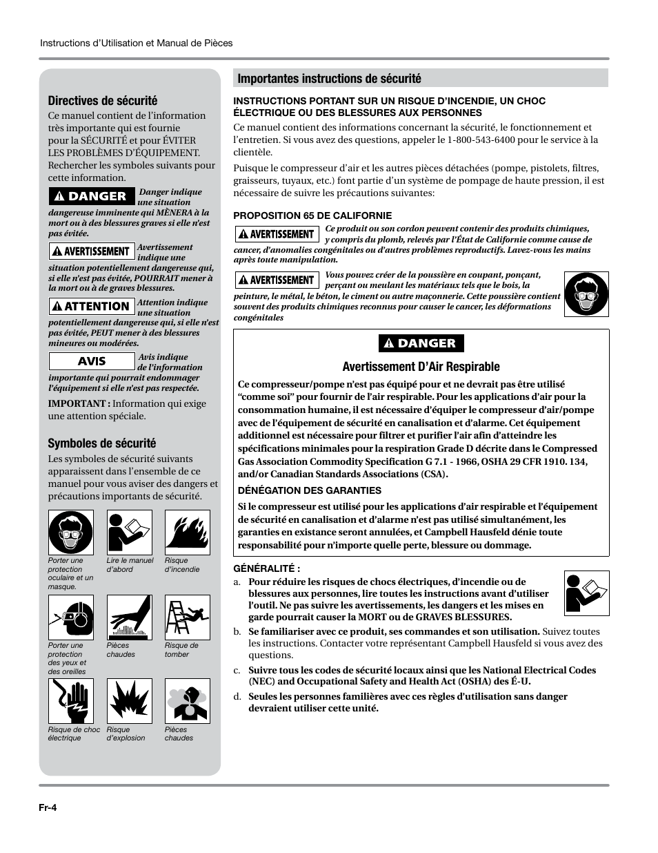 Directives de sécurité, Symboles de sécurité, Importantes instructions de sécurité | Proposition 65 de californie, Généralité, Avertissement d’air respirable | Campbell Hausfeld WL6700 Series User Manual | Page 26 / 68
